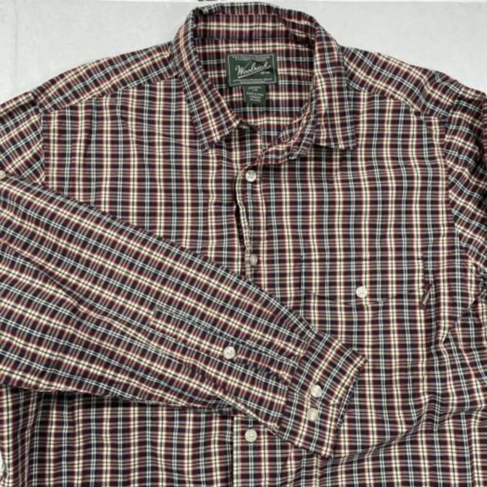Woolrich Mens Large‎ Button Up Plaid Shirt Flannel Red Brown Cotton Long Sleeve